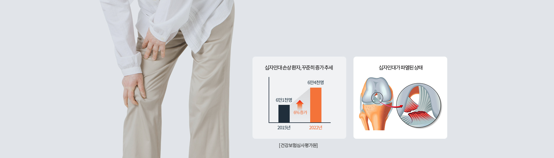 십자인대손상환자, 꾸준히 증가 추세 2015년 6만1천여명 2019년 6만4천명 6%증가 [건강보험심사평가원]